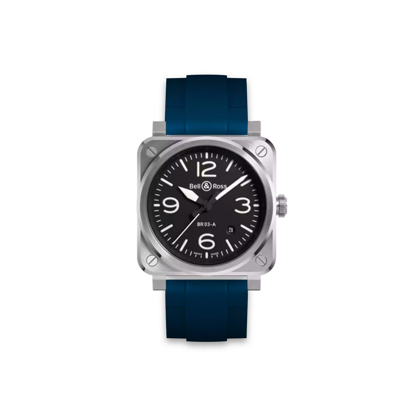 Straight Rubber Strap For Bell & Ross BR03 Black Steel