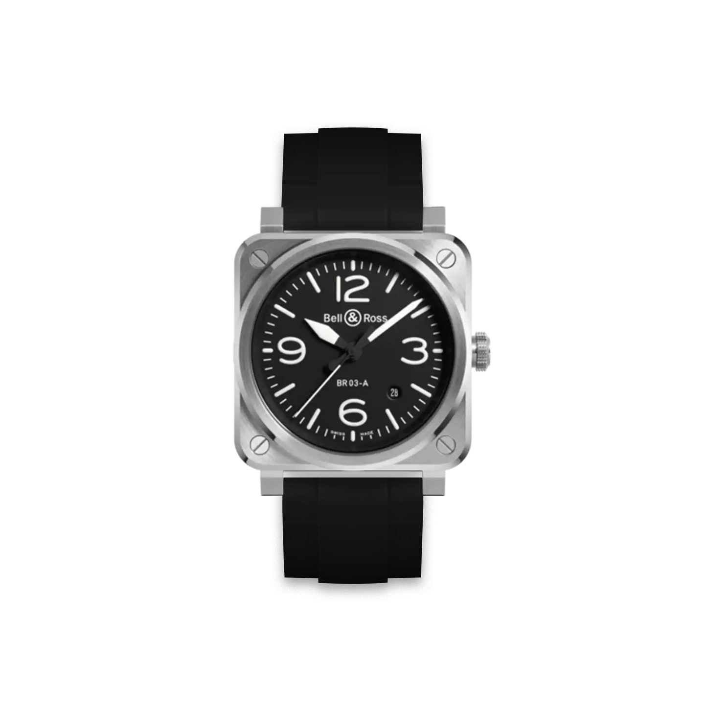 Straight Rubber Strap For Bell & Ross BR03 Black Steel