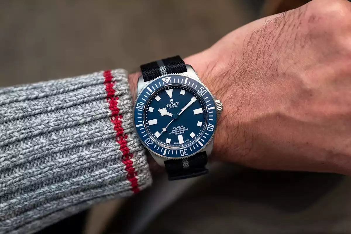 Tudor Pelagos blue dial on nylon strap at wrist