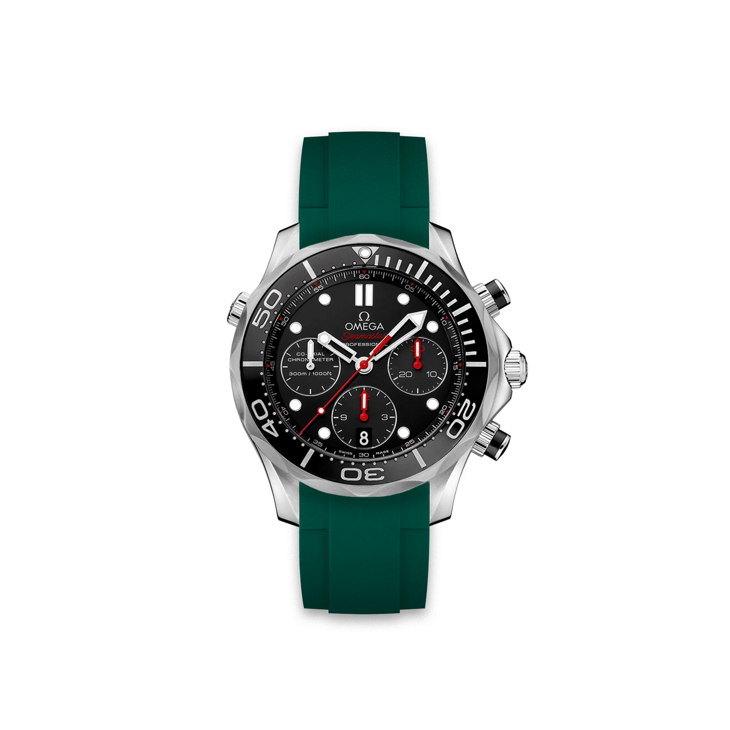 Rubber Strap for OMEGA® Seamaster Diver 300M Chronograph Co-Axial 41,5mm Black Rubber Straps ZEALANDE Green Brushed Classic