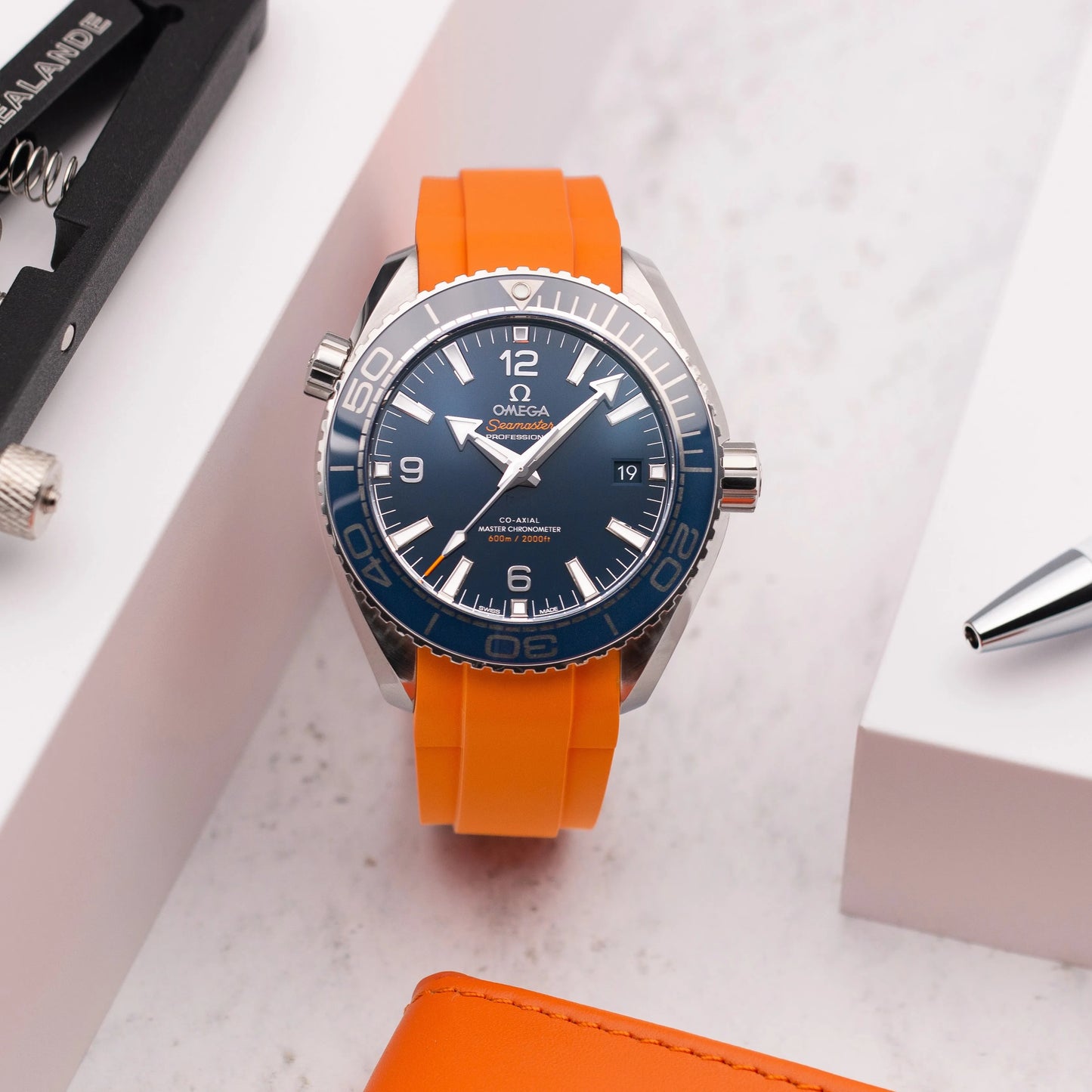 Rubber Strap for OMEGA® Seamaster Planet Ocean 600M Co-Axial 43,5mm Blue Rubber Straps ZEALANDE Orange Brushed 