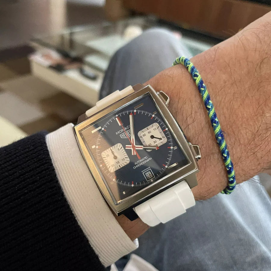 Tag Heuer Monaco on white rubber strap