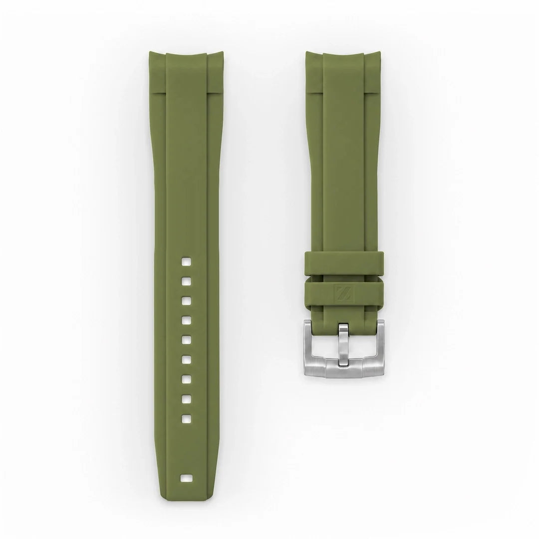 ZEALANDE curved 22mm rubber strap Khaki, Brushed tang buckle, Large