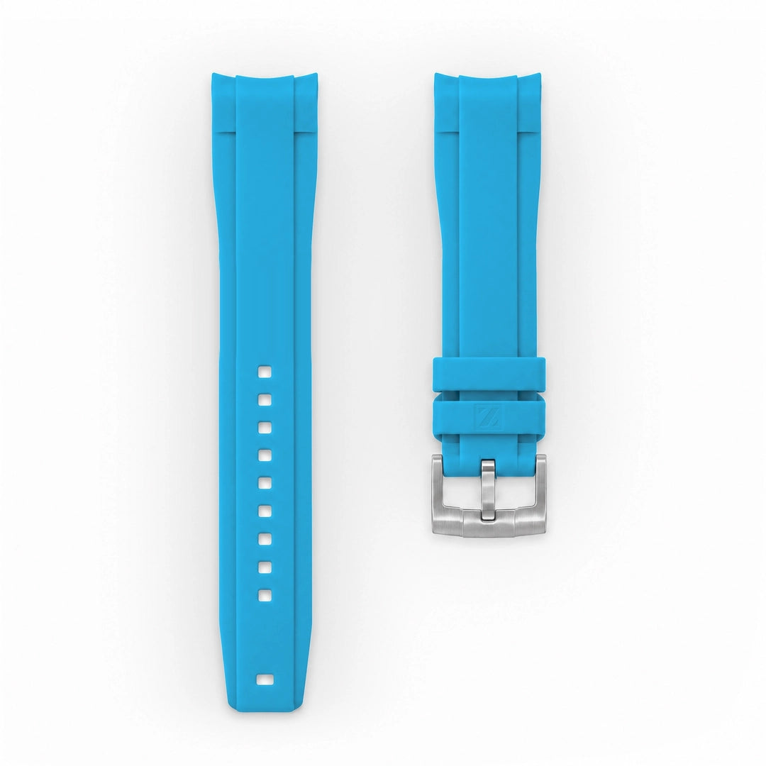 ZEALANDE curved 22mm rubber strap Miami Blue, Brushed tang buckle, Large