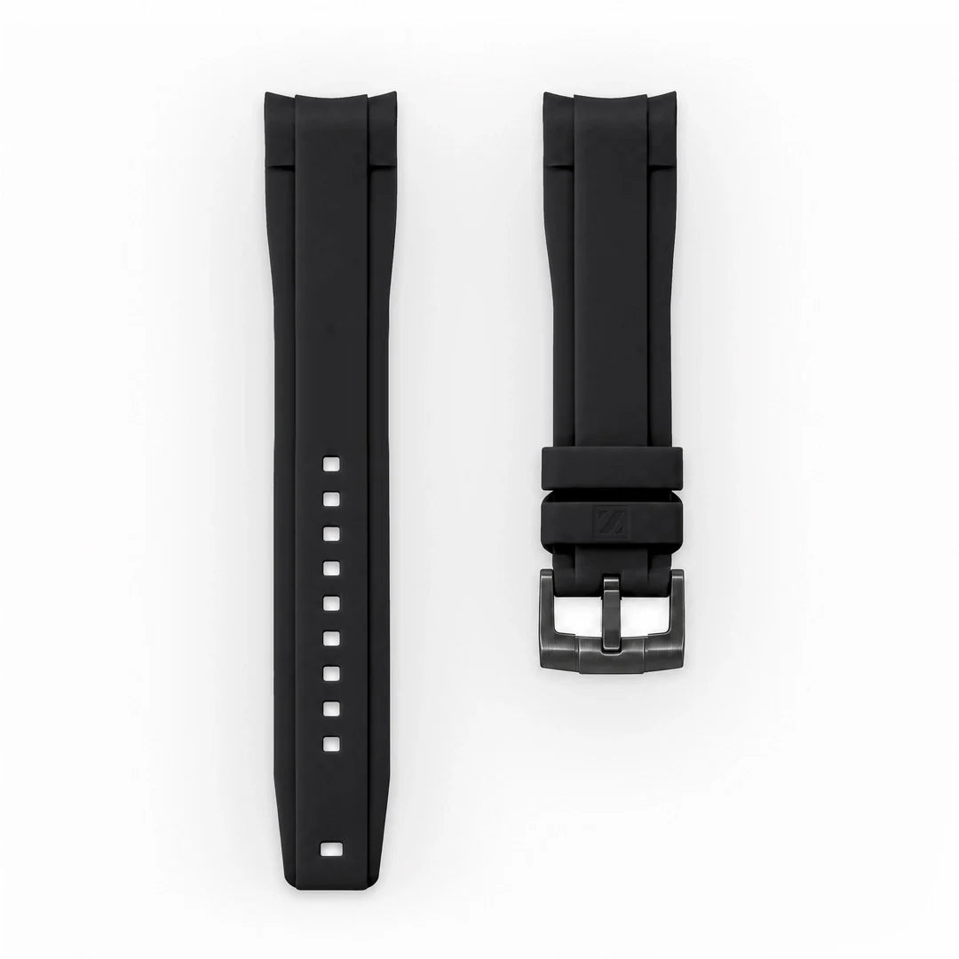 ZEALANDE curved 22mm rubber strap Black, PVD Black tang buckle, Large