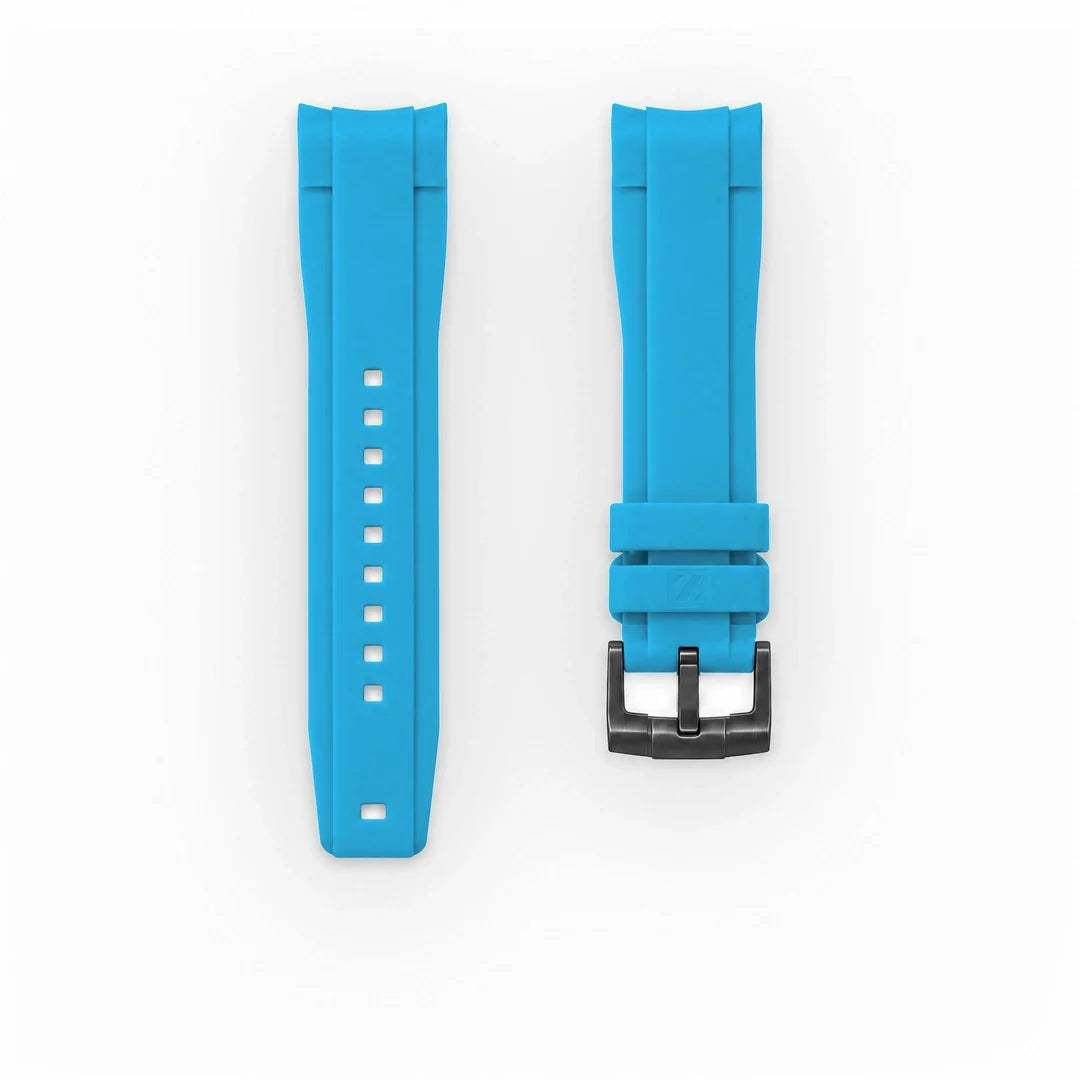 ZEALANDE curved 22mm rubber strap Miami Blue, PVD Black tang buckle, Classic