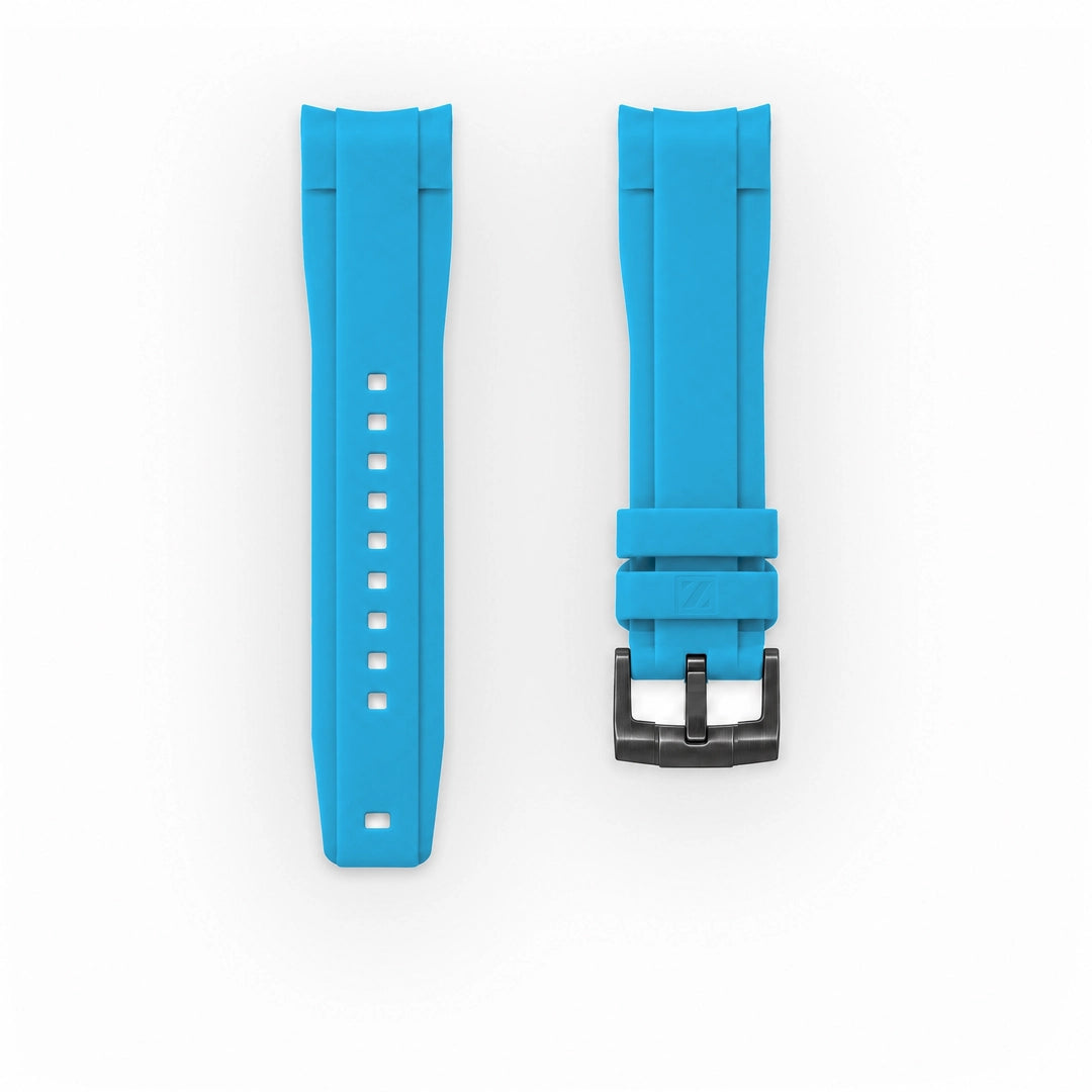 ZEALANDE curved 22mm rubber strap Miami Blue, PVD Black tang buckle, Classic