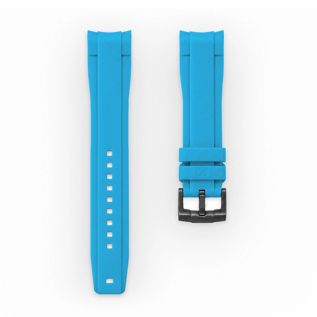 ZEALANDE curved 22mm rubber strap Miami Blue, PVD Black tang buckle, Large