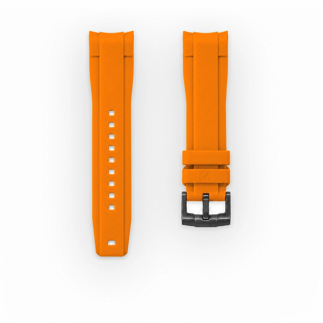 ZEALANDE curved 22mm rubber strap Orange, PVD Black tang buckle, Classic