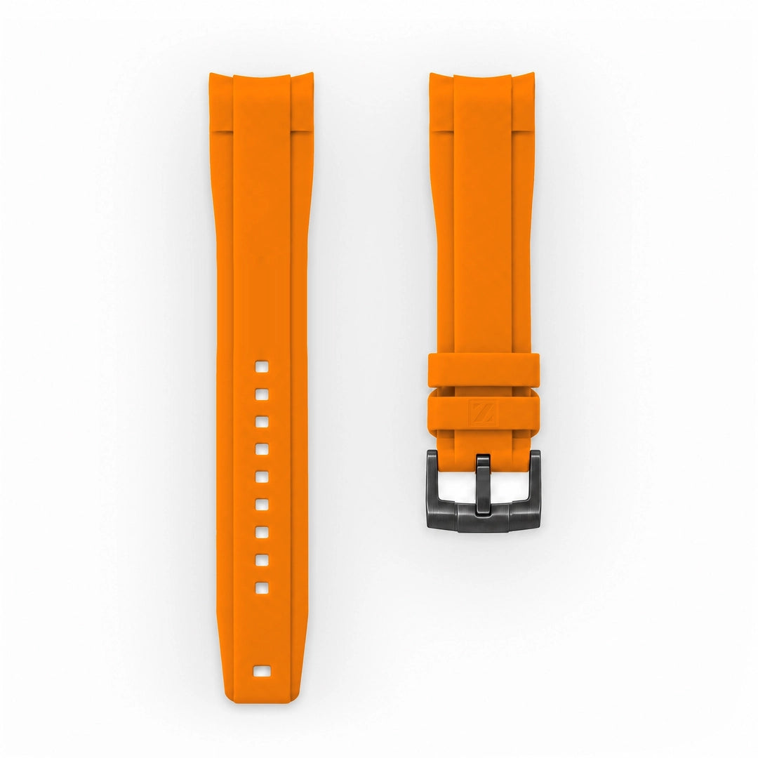 ZEALANDE curved 22mm rubber strap Orange, PVD Black tang buckle, Large