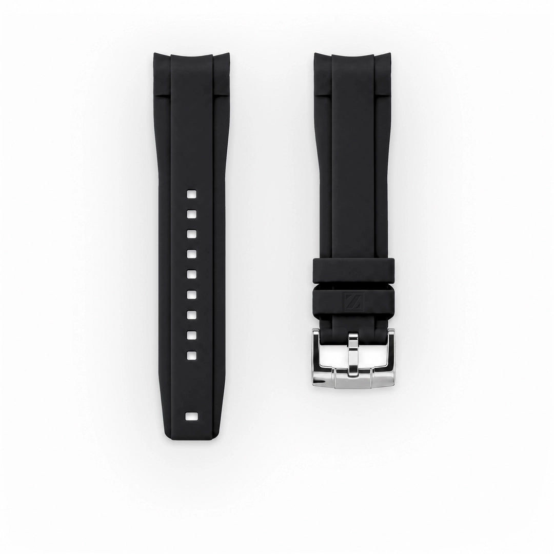 ZEALANDE curved 22mm rubber strap Black, Polished tang buckle, Classic