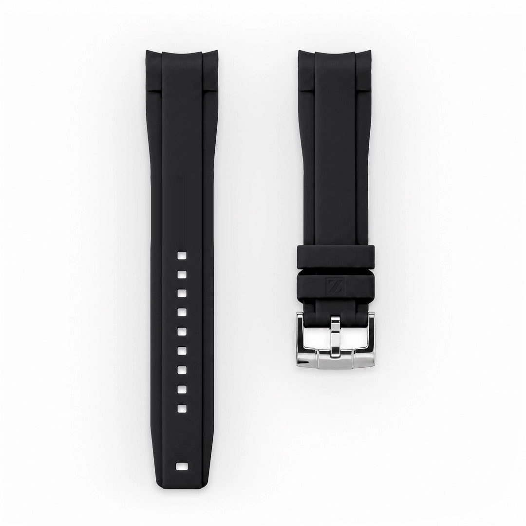 ZEALANDE curved 22mm rubber strap Black, Polished tang buckle, Large