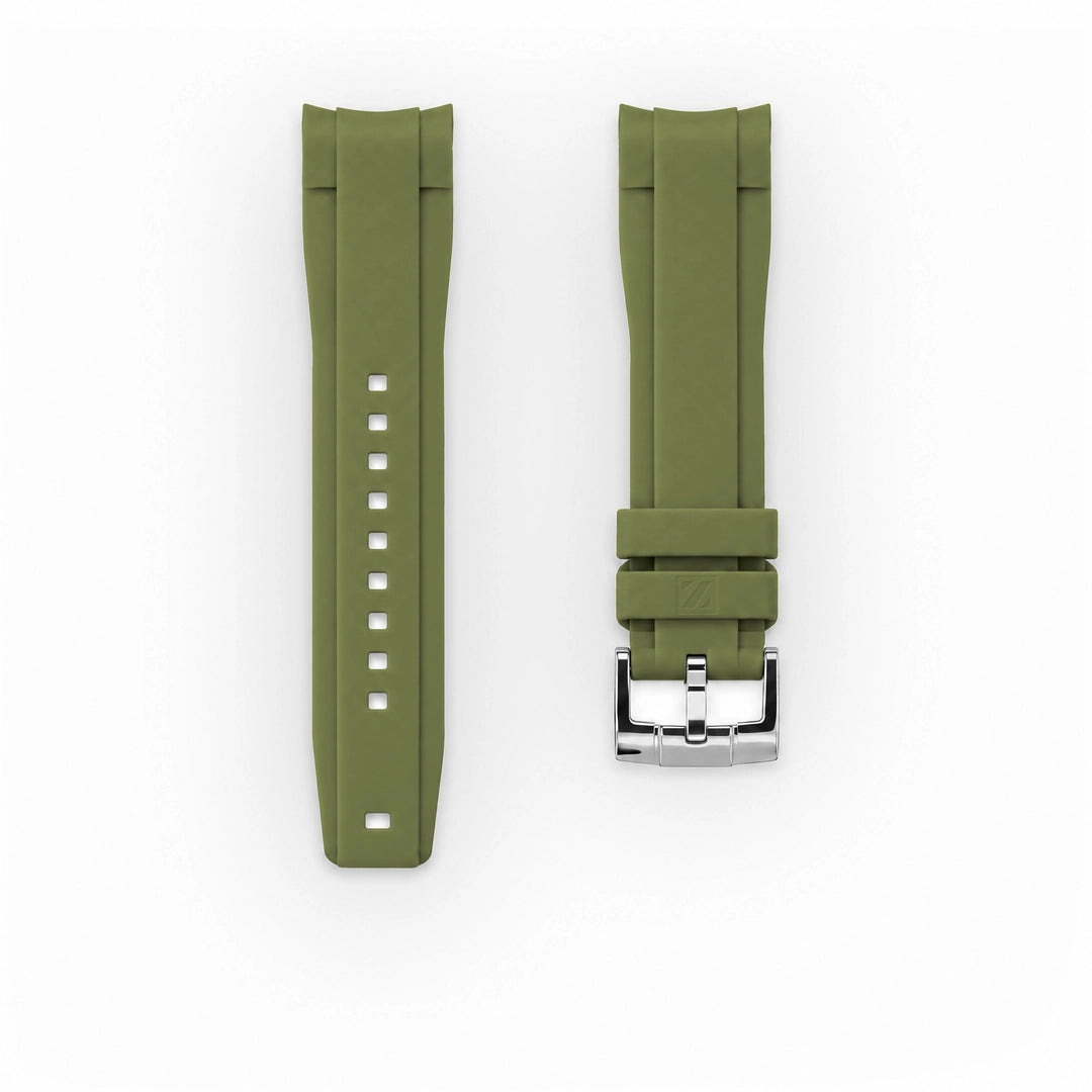 ZEALANDE curved 22mm rubber strap Khaki, Polished tang buckle, Classic