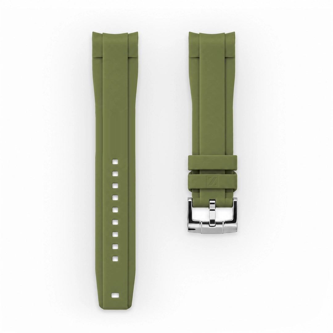 ZEALANDE curved 22mm rubber strap Khaki, Polished tang buckle, Large