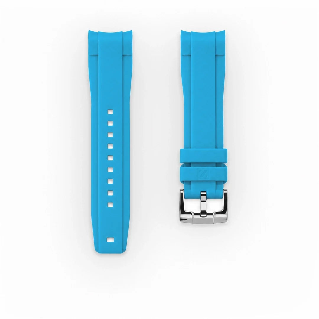 ZEALANDE curved 22mm rubber strap Miami Blue, Polished tang buckle, Classic