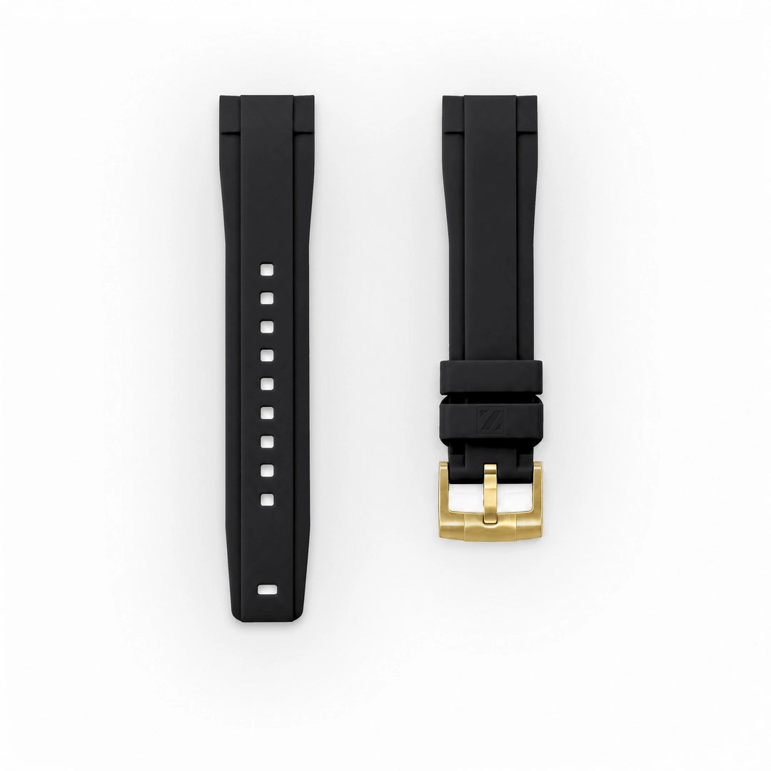 ZEALANDE 20mm straight rubber strap Black, Gold tang buckle, Classic