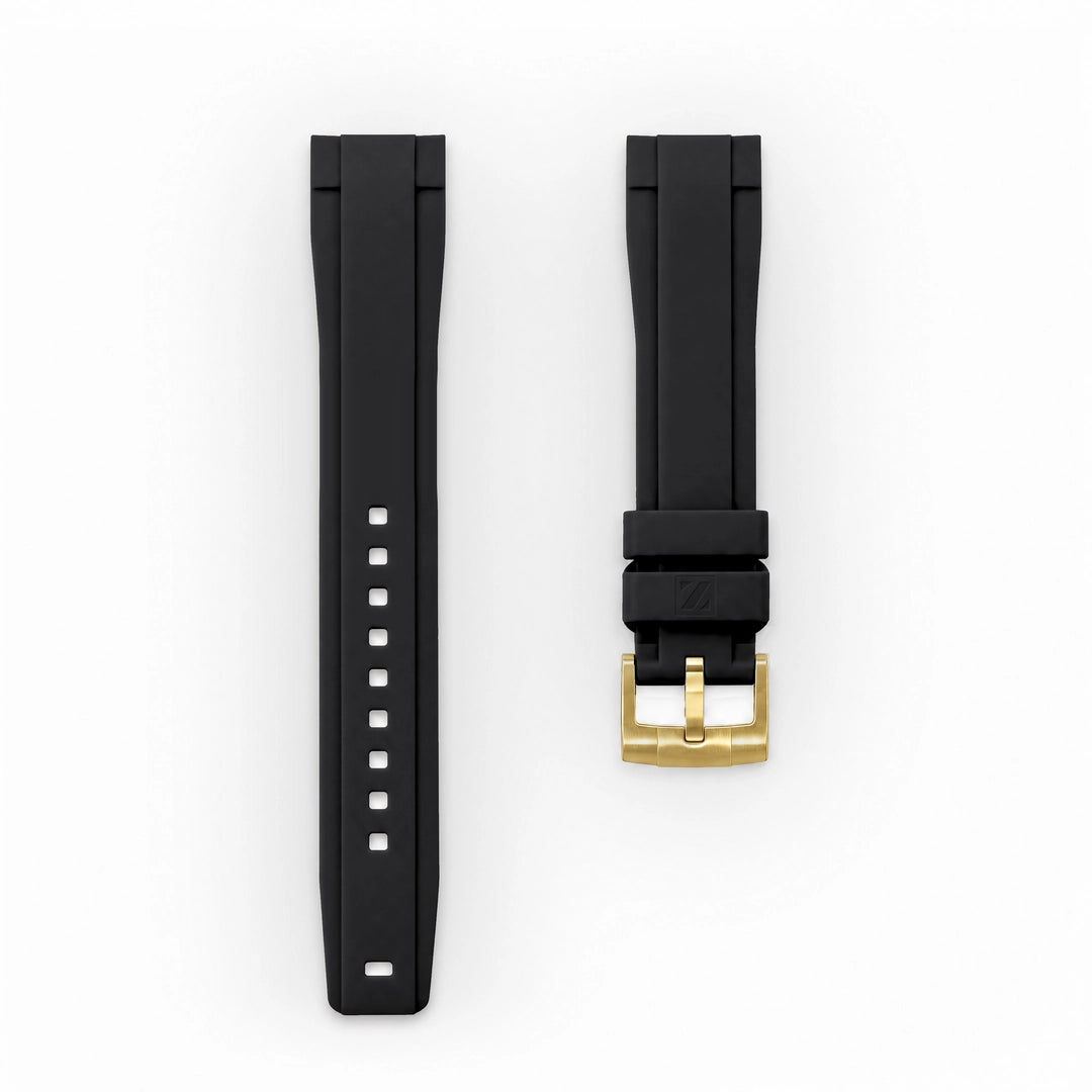 ZEALANDE 20mm straight rubber strap Black, Gold tang buckle, Large