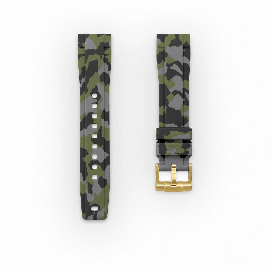 ZEALANDE 20mm straight rubber strap Forest Camo'Z, Gold tang buckle, Classic