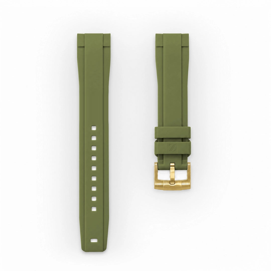 ZEALANDE 20mm straight rubber strap Khaki, Gold tang buckle, Large