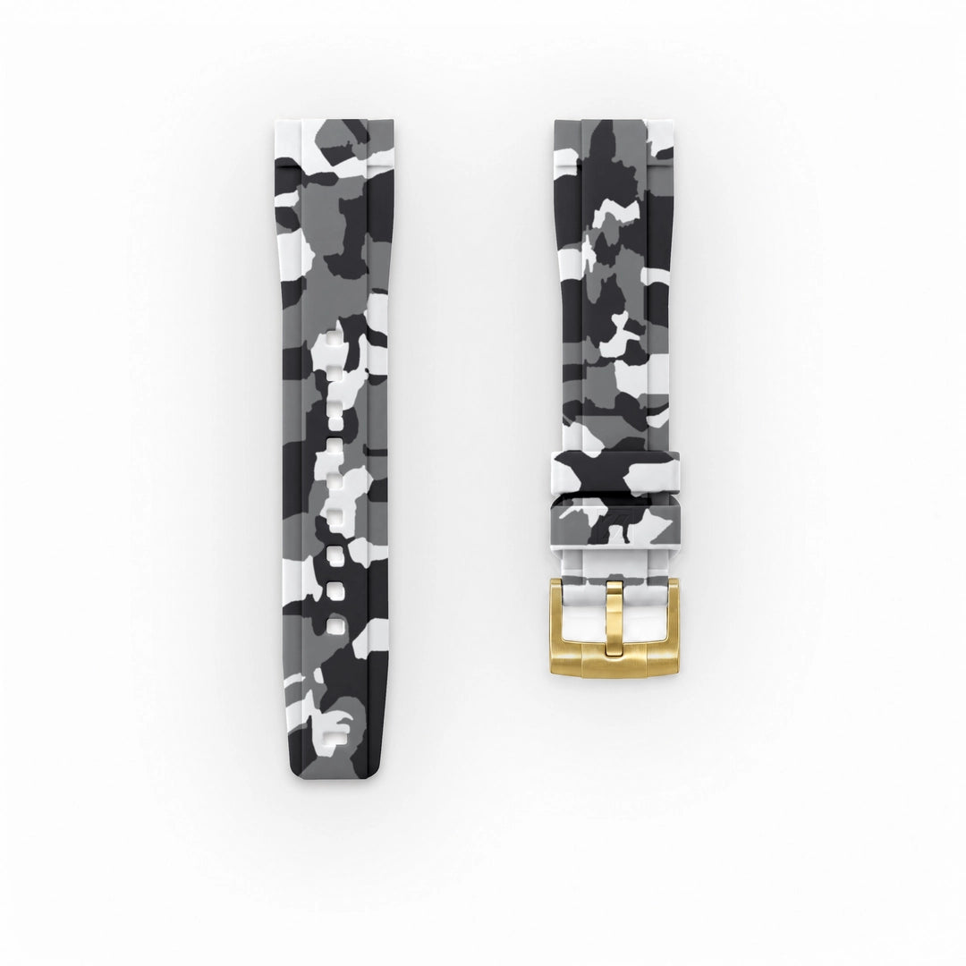 ZEALANDE 20mm straight rubber strap Winter Camo'Z, Gold tang buckle, Classic