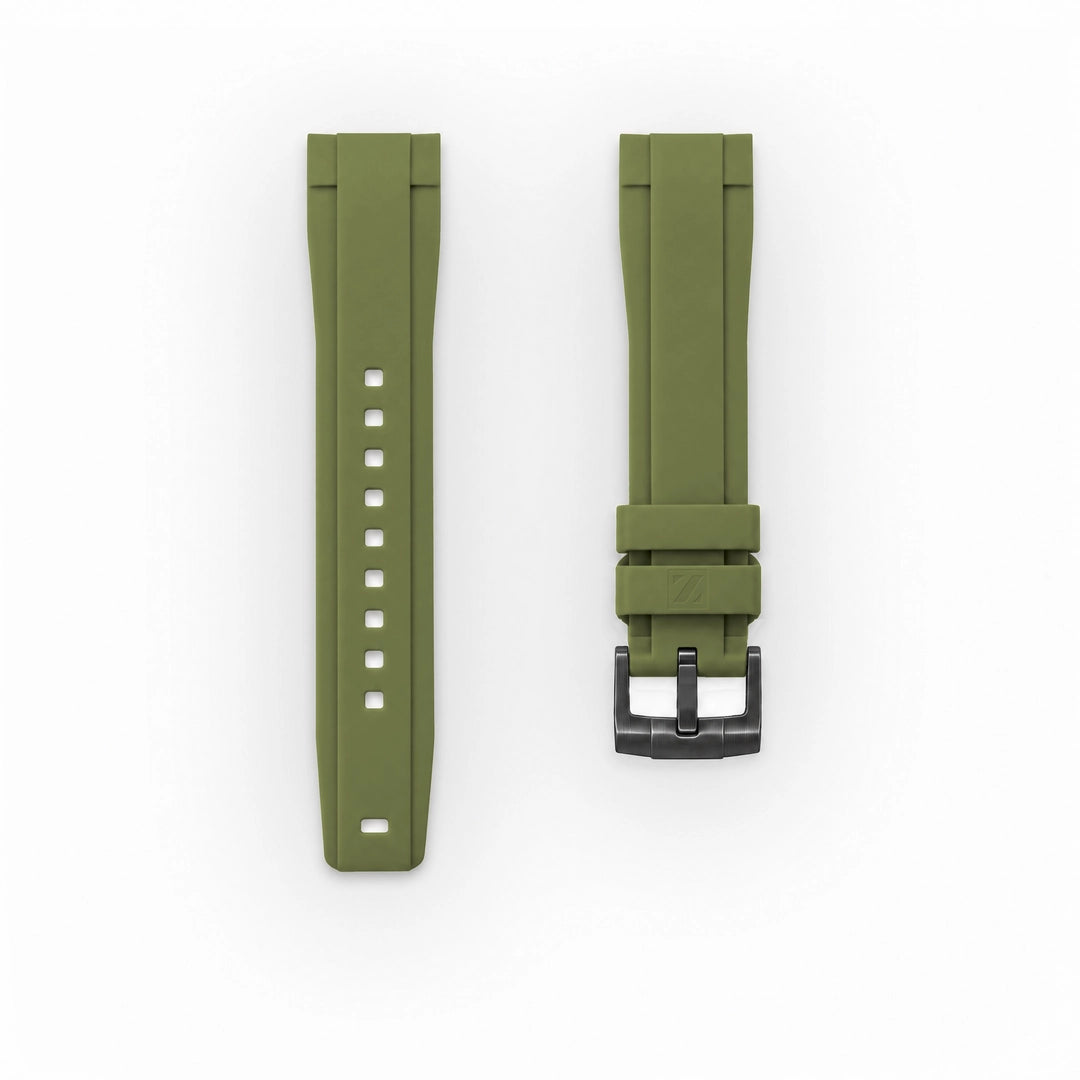 ZEALANDE 20mm straight rubber strap Khaki, PVD Black tang buckle, Classic