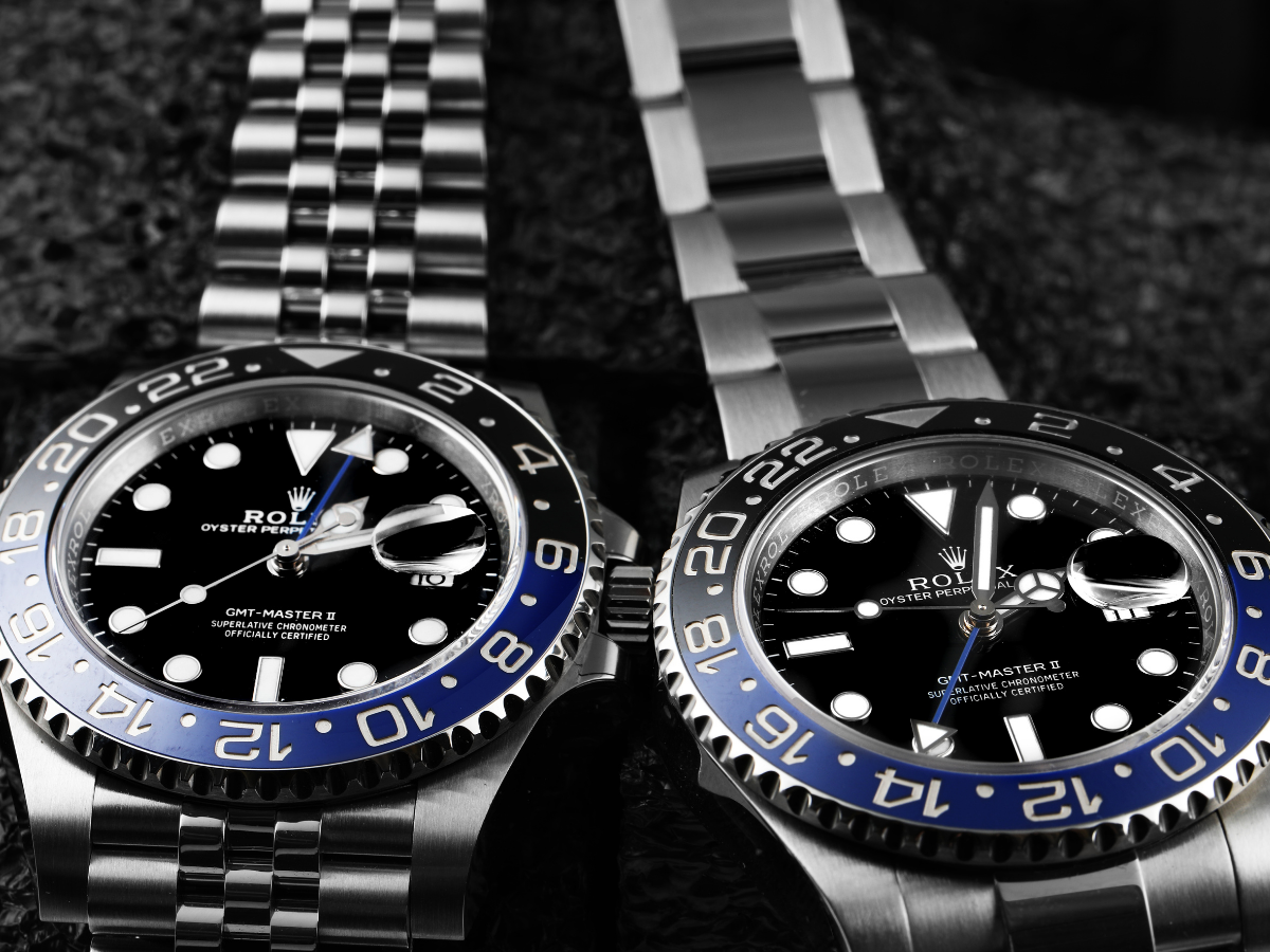 Rolex Batman BLNR on oyster bracelet and Rolex Batgirl BLNR on jubilee metal strap
